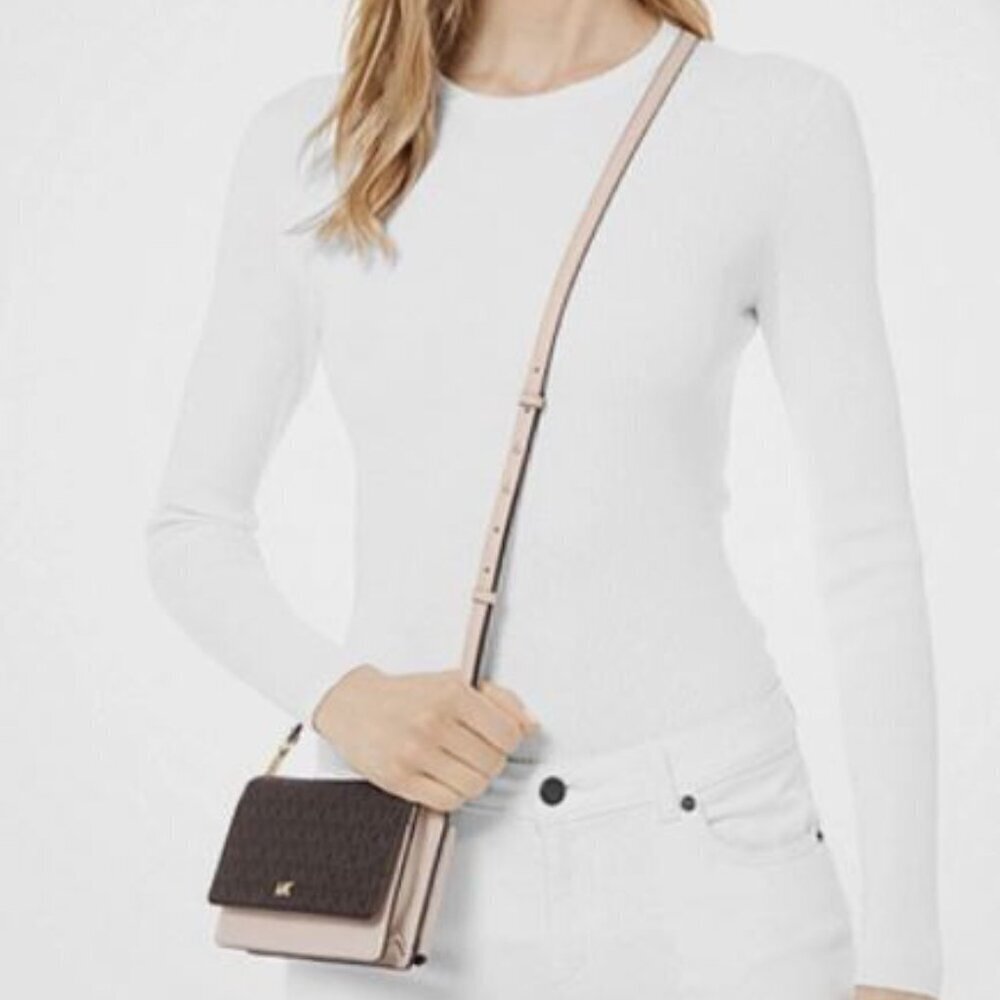 Michael Kors Logo and Leather Convertible Crossbody Bag Brown/Soft Pink - Picture 1 of 9